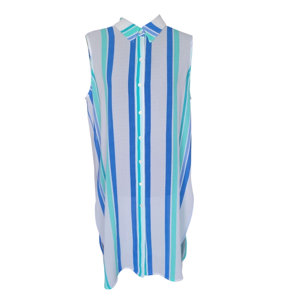 Vince Camuto NWT Blue White Teal Striped Shirt Dress Women's Size L